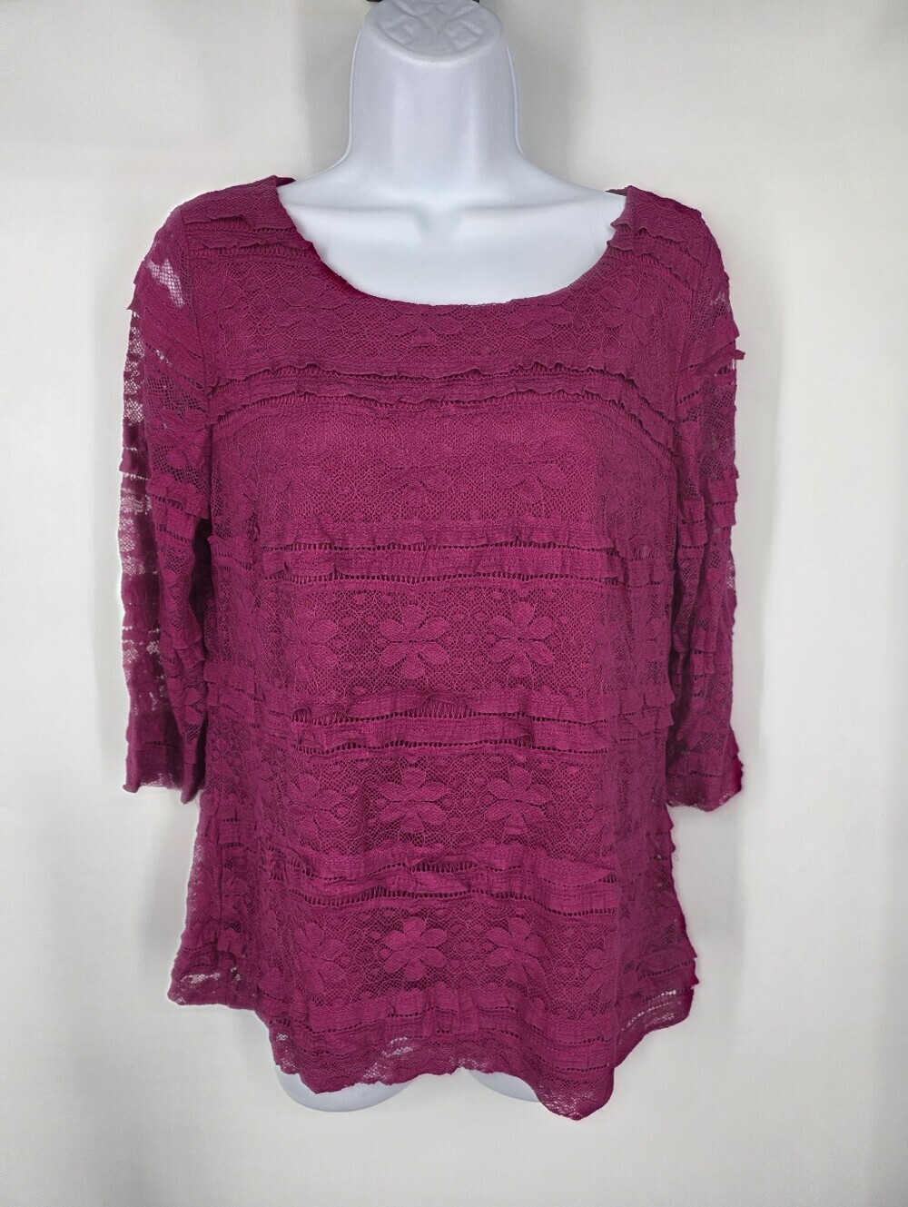 Madison Magenta Floral Lace Tiered Blouse Size M Sheer 3/4 Sleeve Scoop Neck NWT